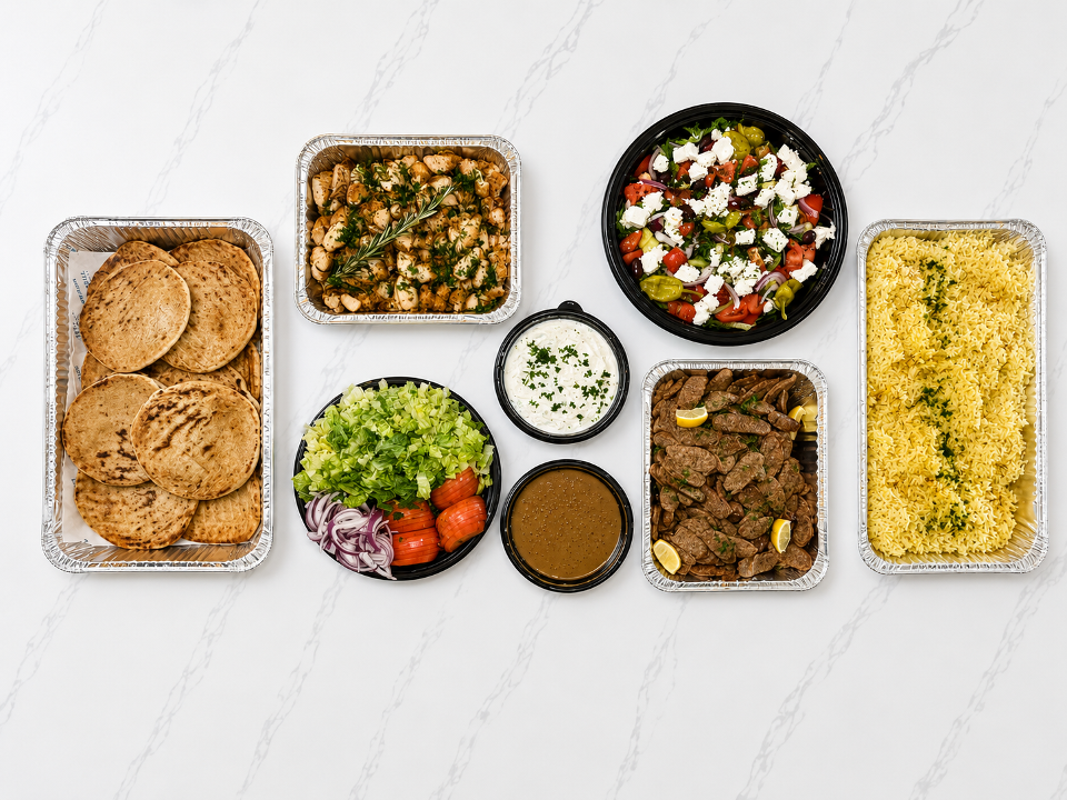YEERO Bar Greek catering with pita, salads, sides and dips for a group lunch