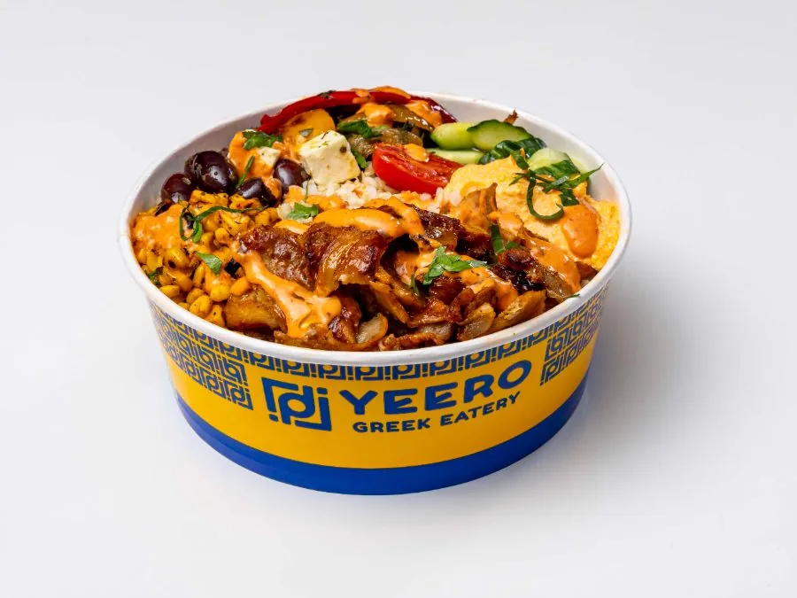 Build-your-own Greek bowl with protein, vegetables and dips at YEERO